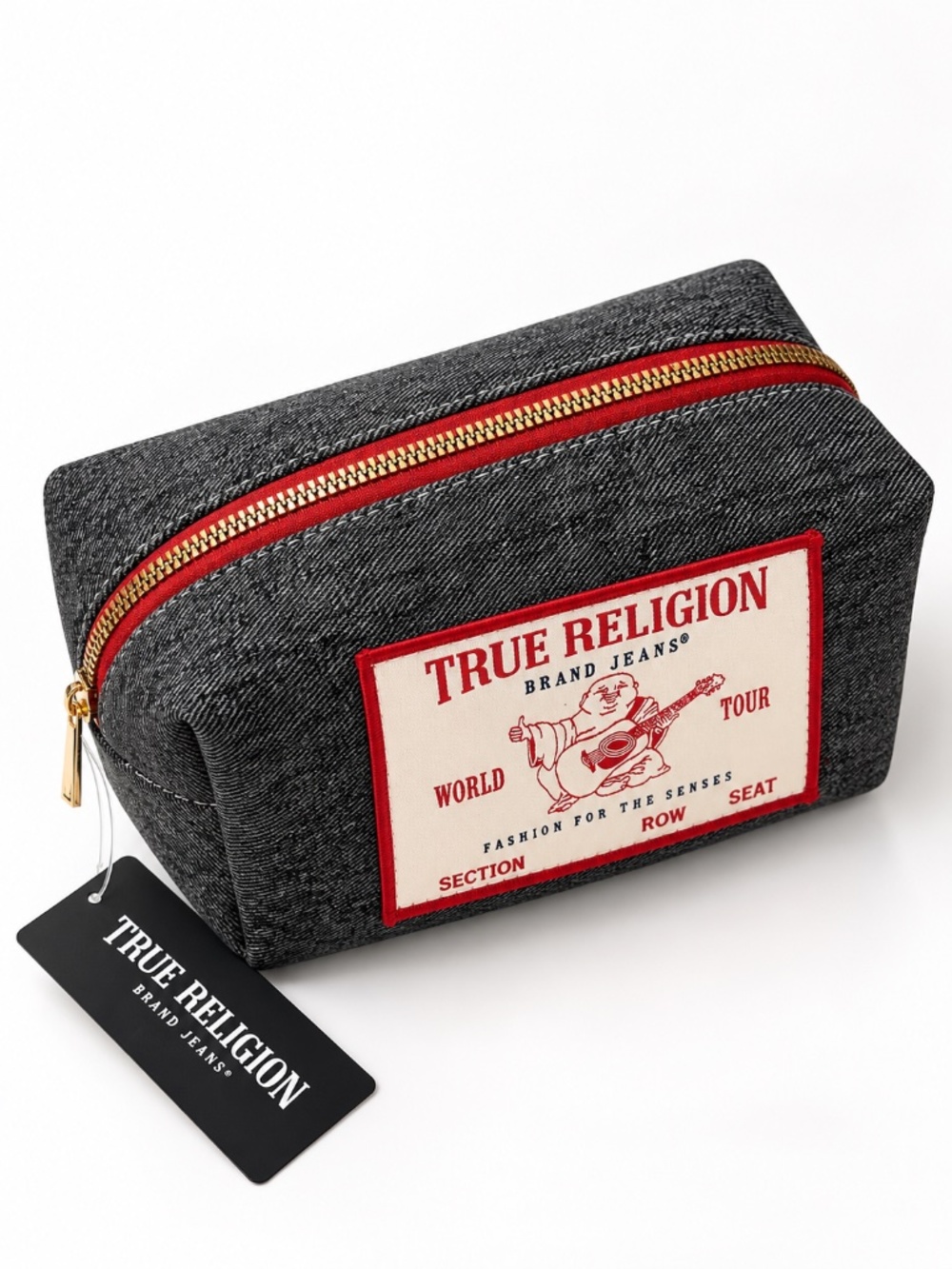 NWT True Religion Loaf Cosmetics Toiletry Travel Bag Gray Denim Buddha Patch